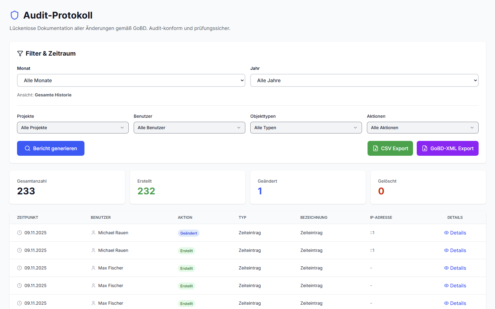 GoBD-konformer Audit-Trail - Änderungshistorie mit Zeitstempeln, Benutzer-Actions und alten/neuen Werten für Betriebsprüfung