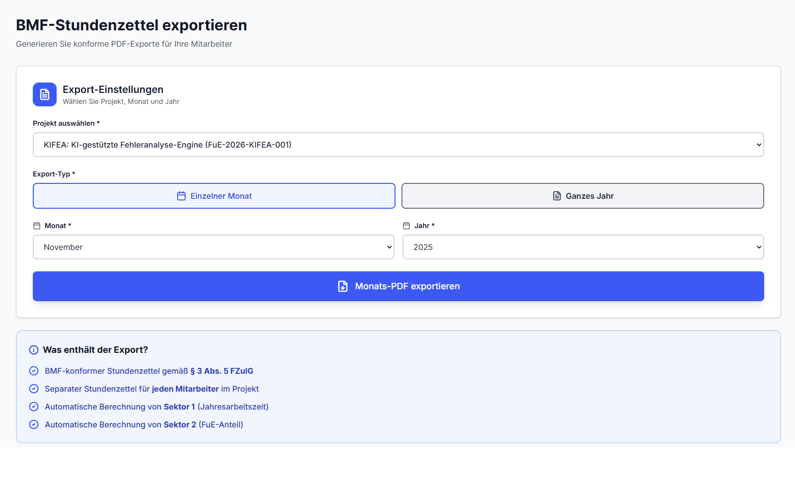 GoBD-Export Dialog - Zeitraum wählen, Format auswählen (XML/CSV/PDF) für Betriebsprüfung