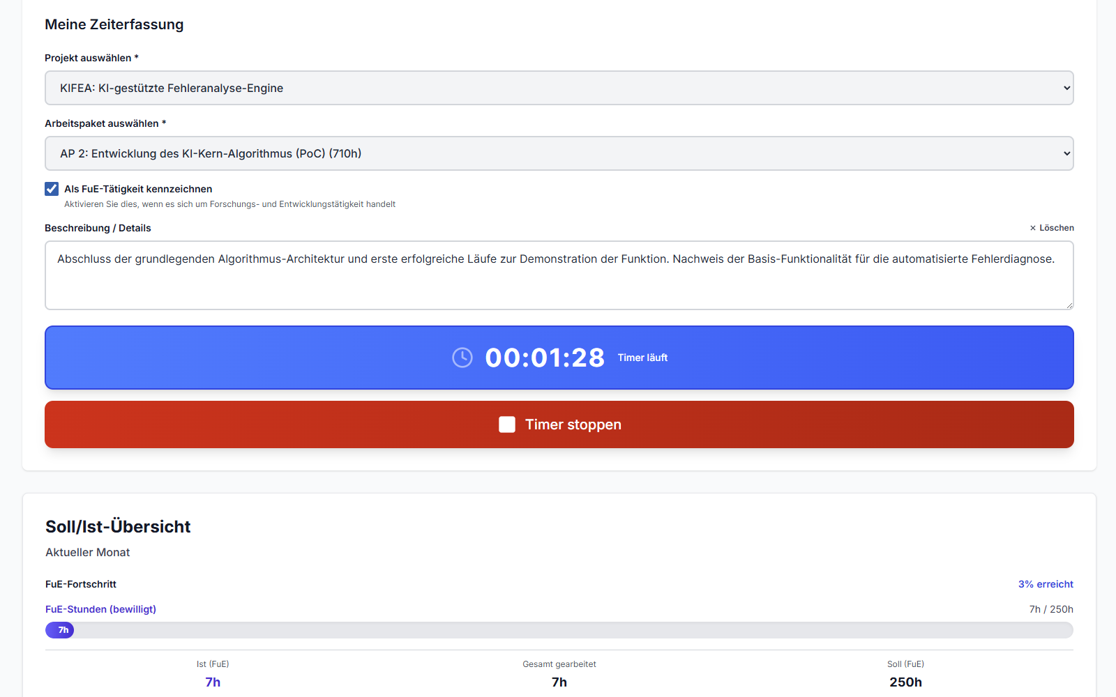 Start/Stop Timer-Widget mit Live-Countdown - F&E-Zeiterfassung Dashboard mit Projekt-Dropdown und aktiver Zeitmessung